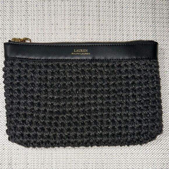 LRL Black Gold Tone Raffia Paper Straw Woven Faux Leather Clutch - Picture 1 of 8
